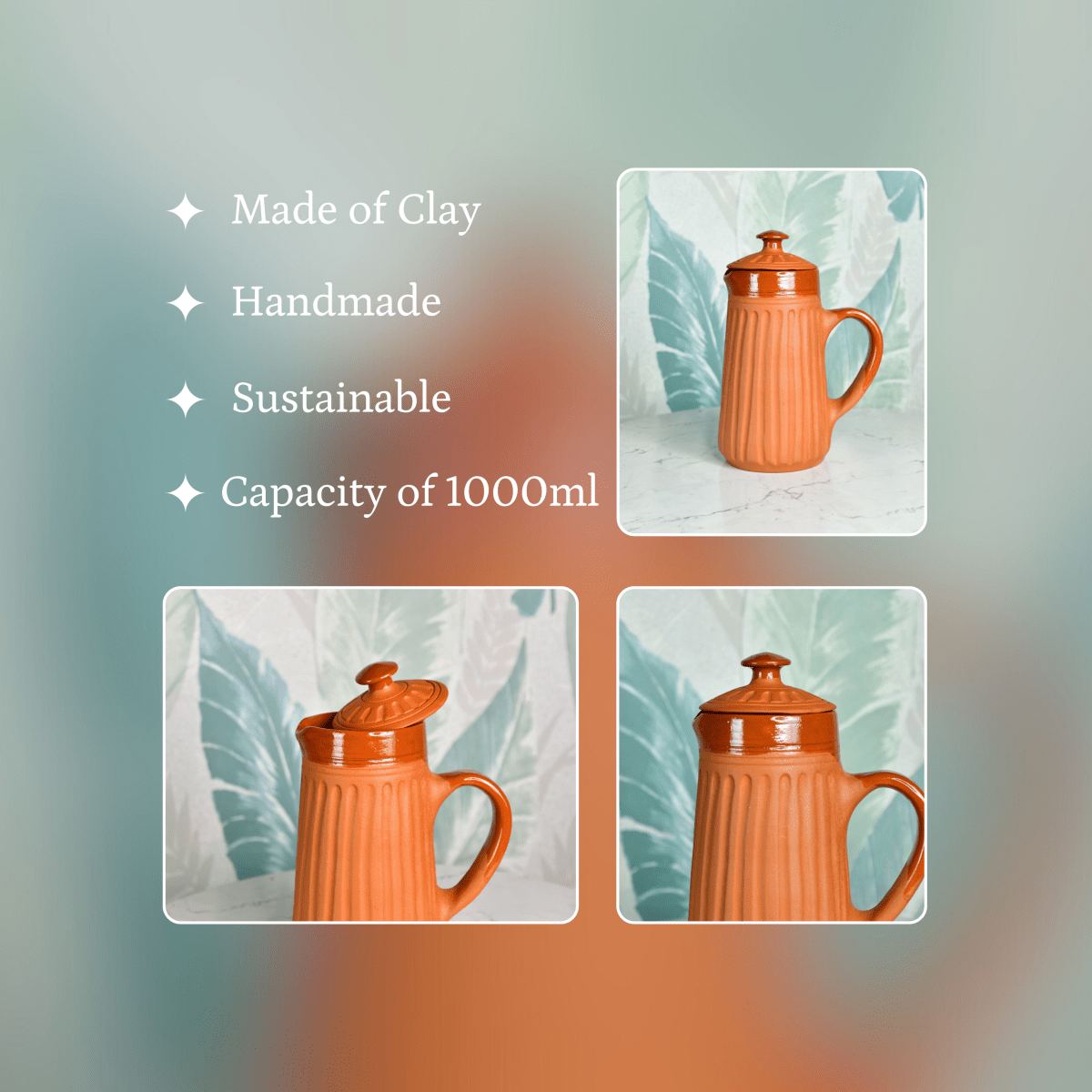 Sowpeace Small Terracotta Ceramic Pitcher with Lid – Handcrafted Mini Water Jug for Rustic Kitchen & Table Décor – 1000ml - Sowpeace - 