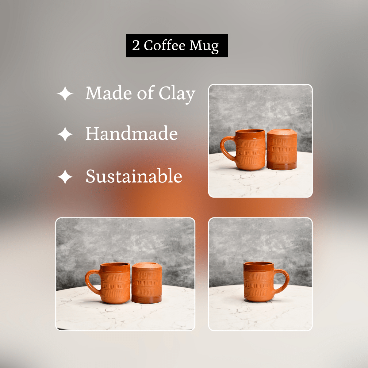 Sowpeace Traditional Terracotta Coffee Mugs (Set of 2) | Handcrafted Brown Tea & Coffee Cups for Gifting & Daily Use - Sowpeace - 