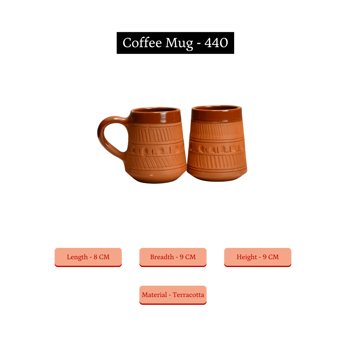 Sowpeace Traditional Terracotta Coffee Mugs (Set of 2) | Handcrafted Rustic Brown Tea & Coffee Cups for Gifting & Daily Use - Sowpeace - 