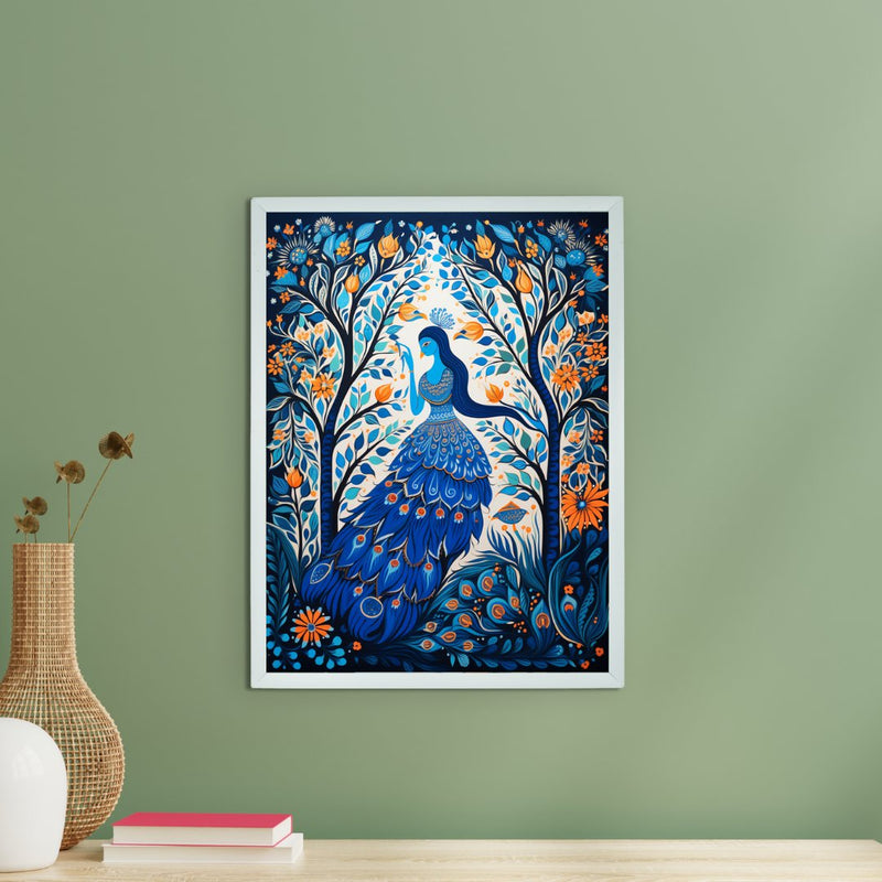 Sowpeace Harmony: Handcrafted Blue Women & Peacock Art – Premium Indian-Inspired Canvas Print for Elegant Decor – view 1