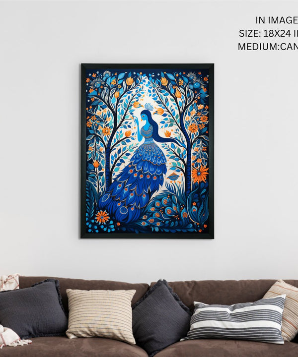 Sowpeace Harmony: Handcrafted Blue Women & Peacock Art – Premium Indian-Inspired Canvas Print for Elegant Decor — image 5