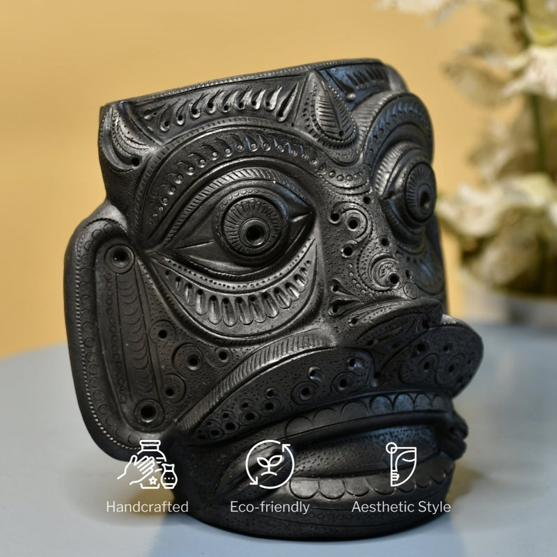 Unique Black Terracotta Asur Mask with Vase - Artisan Home Décor – view 4