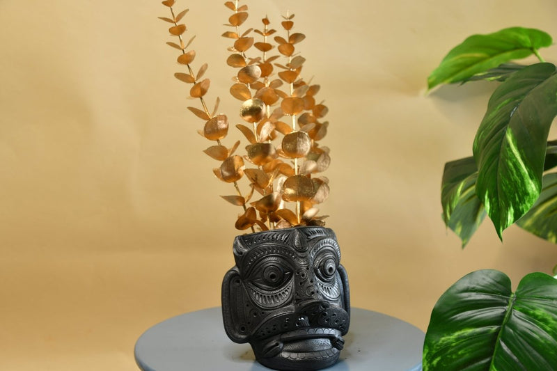 Unique Black Terracotta Asur Mask with Vase - Artisan Home Décor – view 3