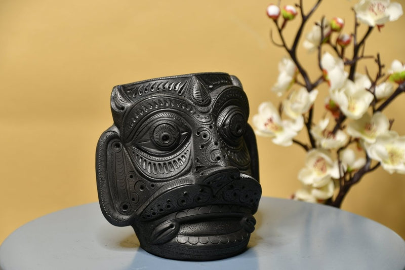 Unique Black Terracotta Asur Mask with Vase - Artisan Home Décor – view 1